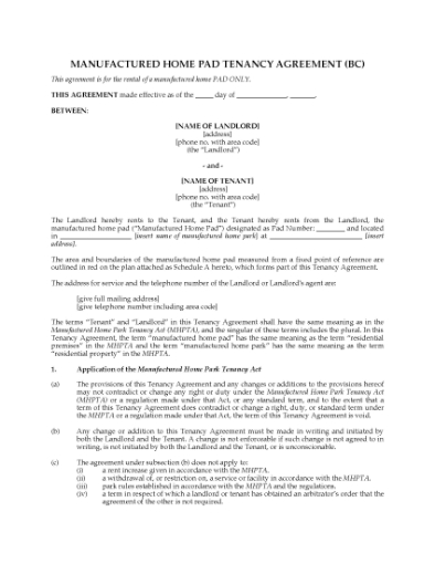 Picture of British Columbia Manufactured Home Pad Tenancy Agreement