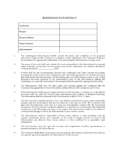Subcontractor Addendum to Contract