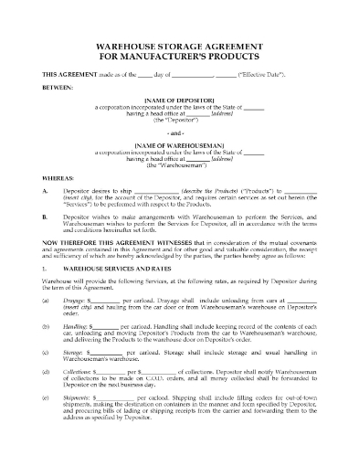 USA Warehouse Storage Agreement with Manufacturer