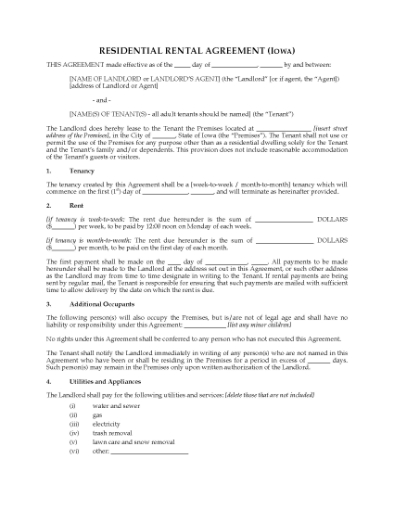 Picture of Iowa Rental Agreement for Residential Premises