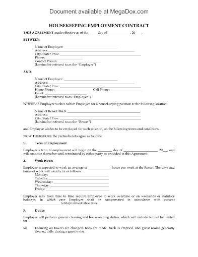 Housekeeping Employment Contract for Resort
