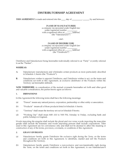 Picture of Exclusive Distributor Agreement | UK