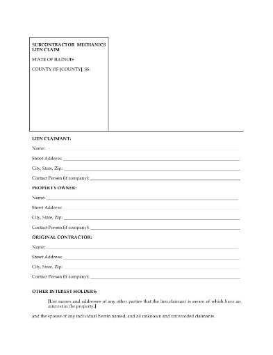 Illinois Subcontractor Mechanics Lien Claim