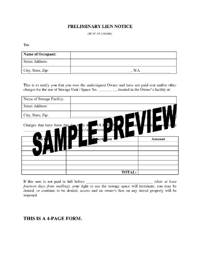 Washington Preliminary Lien Notice (Self Storage)