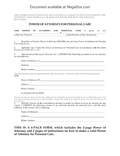 New Brunswick Power of Attorney for Personal Care