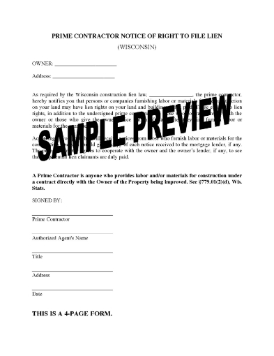 Wisconsin Prime Contractor Notice of Right to File Lien