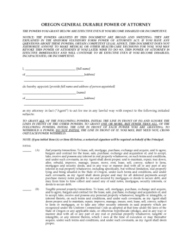 Picture of Oregon General Durable Immediate Power of Attorney