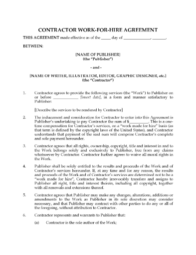 USA Work for Hire Agreement for Artists and Writers