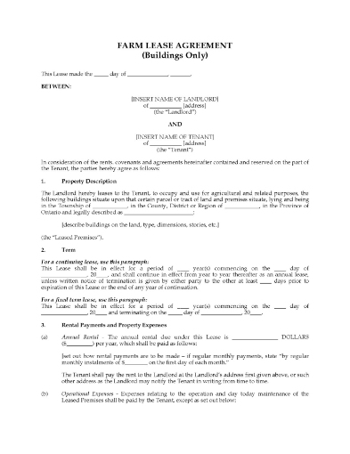 Ontario Farm Lease for Buildings Only