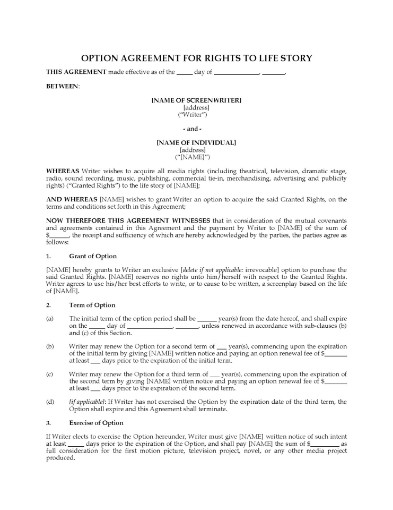 Option Agreement for Rights to Life Story