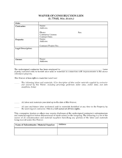 Wisconsin Waiver of Construction Lien