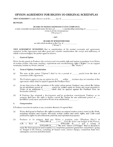 Option Agreement for Rights to Original Screenplay