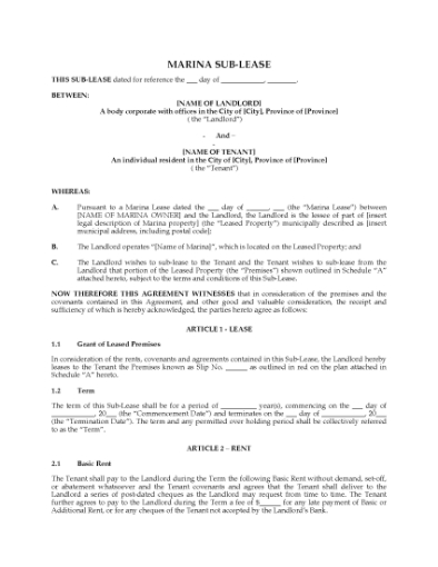 Picture of Canada Marina Sublease Agreement