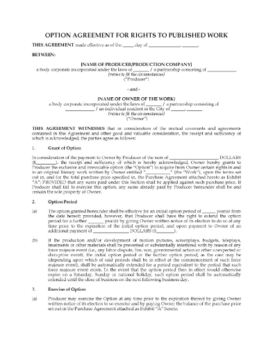 Literary Acquisition Option and Purchase Agreement forms package