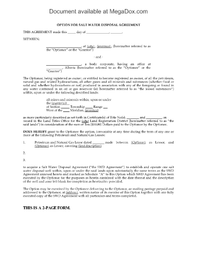 Picture of Alberta Option to Acquire Salt Water Disposal Agreement