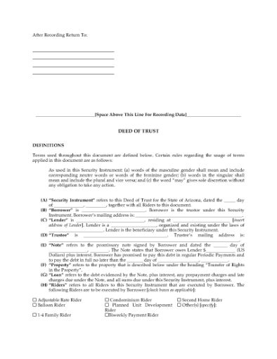 Picture of Arizona Deed of Trust