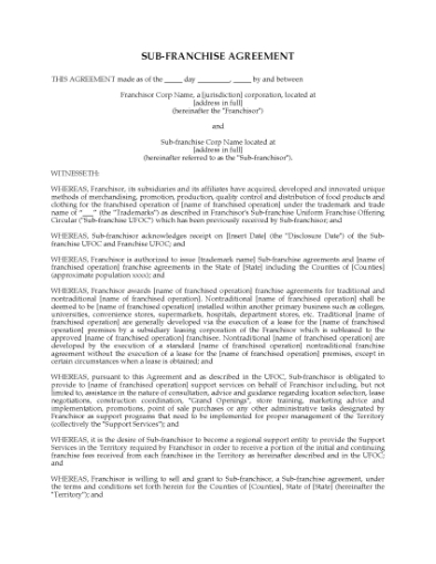 Picture of Regional Sub-Franchise Agreement for Restaurant | USA