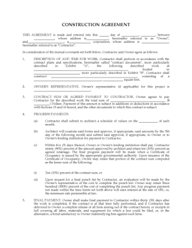 Picture of Construction Agreement for Residential Building Project | USA