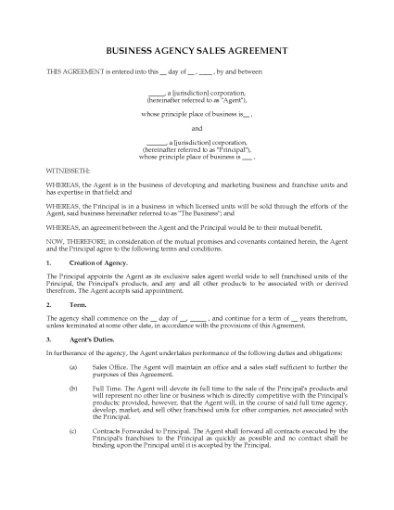 Picture of Business Agency Sales Agreement for Franchises | USA