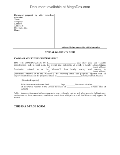 Picture of Arizona Special Warranty Deed