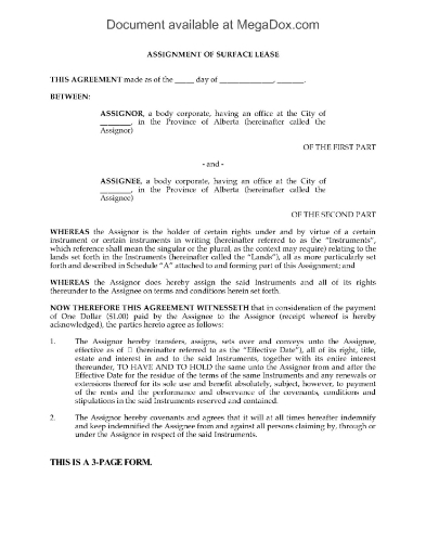 Picture of Alberta Assignment of Surface Lease