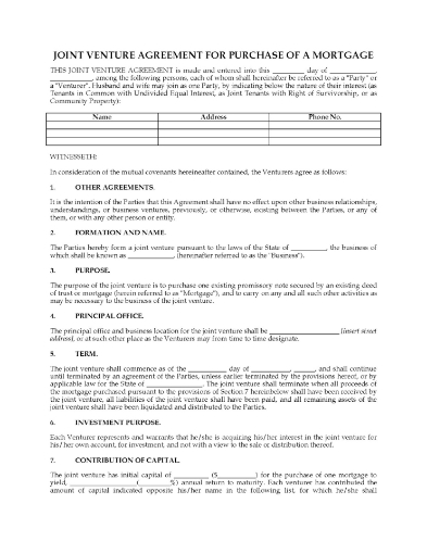 USA Joint Venture Agreement to Purchase Mortgages