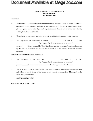 Canada Directors Resolutions to grant a mortgage