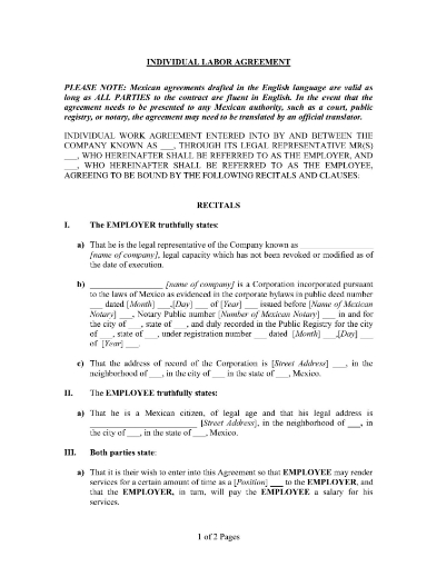 Mexico Individual Labor Agreement