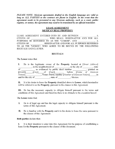 Mexico Lease Agreement for Real Property
