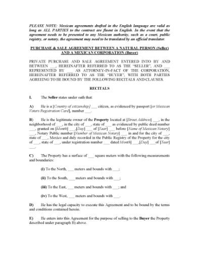 Picture of Real Estate Purchase & Sale Contract (Person to Corporation) | Mexico