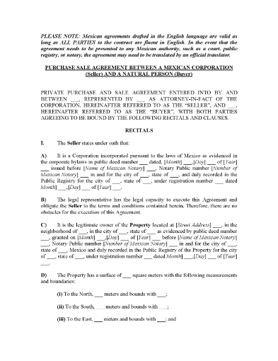 Mexico Real Estate Sale Contract from Corporation to Person