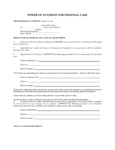 Ontario Power of Attorney for Personal Care Form