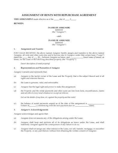 Picture of USA Assignment of Rents and Repurchase Agreement