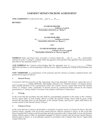 Picture of USA Earnest Money Escrow Agreement