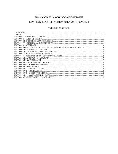 USA LLC Members Agreement for Fractional Yacht Ownership