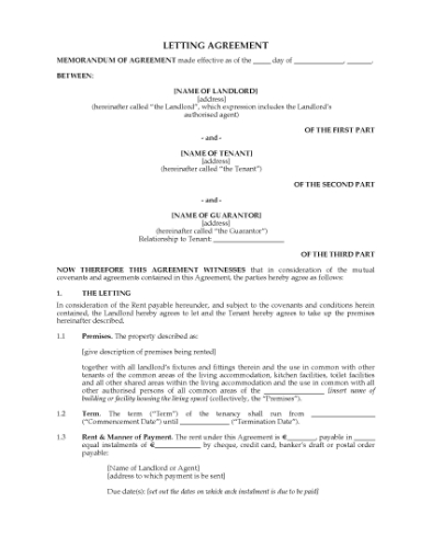 Picture of Ireland Student Housing Letting Agreement