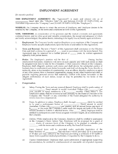 Employment Agreement to fill executive position in Australian company