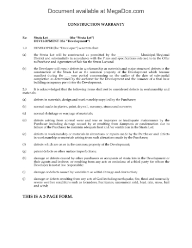 Picture of Construction Warranty by Developer for Strata Units