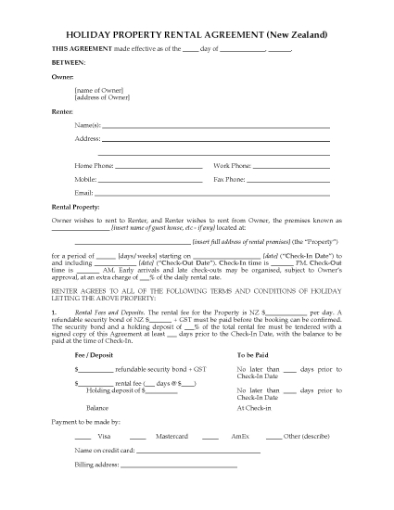 Picture of Holiday Property Rental Agreement | New Zealand