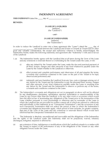 Picture of Commercial Lease Indemnity Agreement | Canada