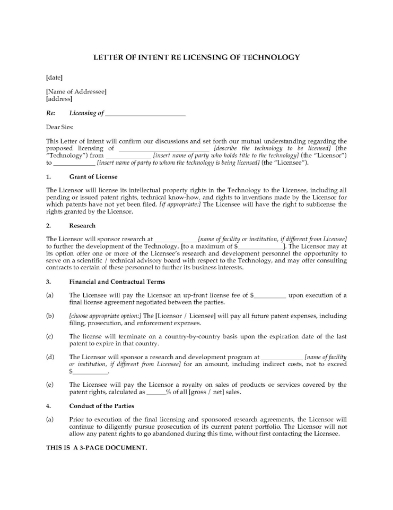 Letter of Intent to License Technology for Development