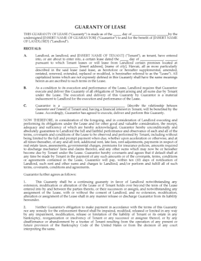 Picture of Hawaii Guaranty of Commercial Lease