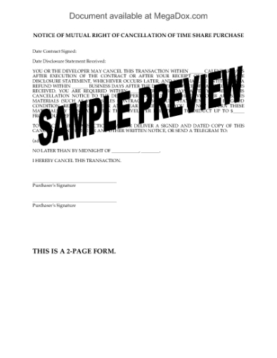 Picture of Hawaii Notice of Mutual Right of Cancellation of Time Share Purchase