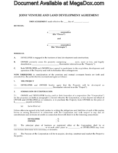 Canada Joint Venture and Land Development Agreement