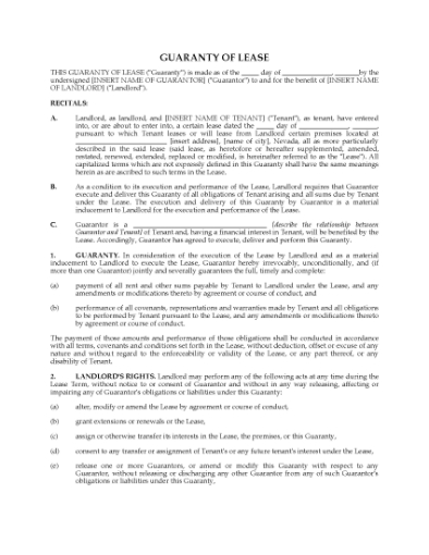 Picture of Nevada Guaranty of Commercial Lease