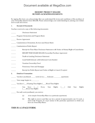 Picture of Hawaii Buyer's Acknowledgement of Time Share Purchase