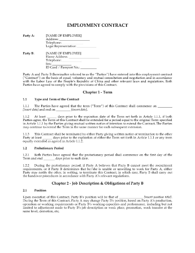 Manager employment agreement for a position in a foreign company doing business in China