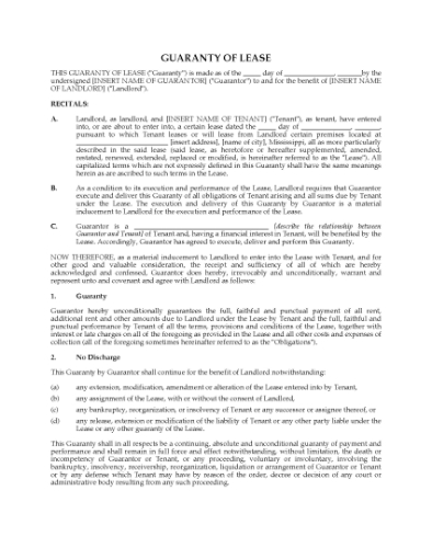 Picture of Mississippi Guaranty of Commercial Lease