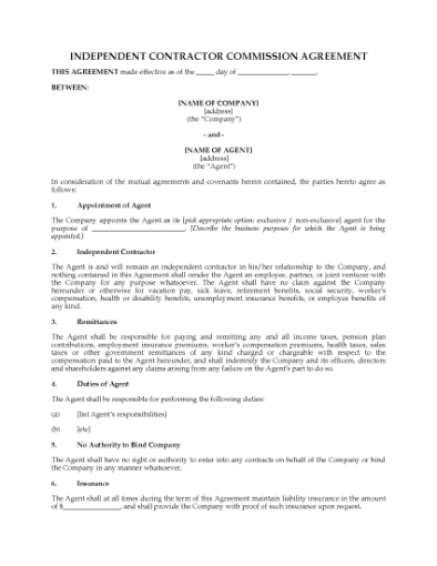 Picture of Commission Agreement for Independent Contractor