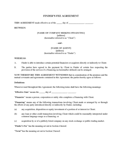Picture of Finder's Fee Agreement for Identifying Potential Financings | Canada